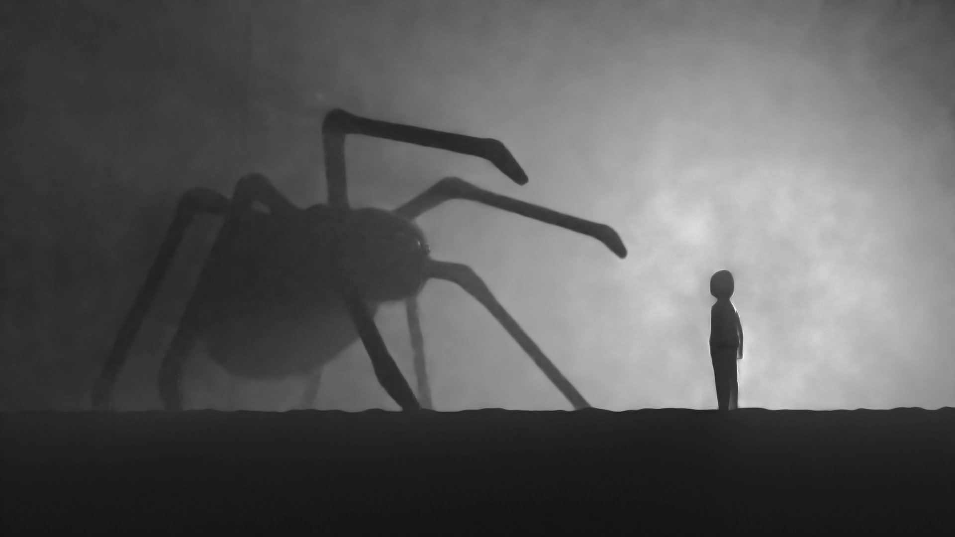 Huge shadowy spider and small person face off